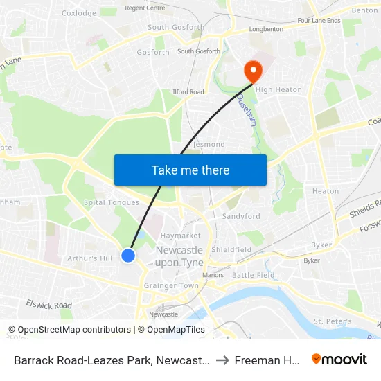 Barrack Road-Leazes Park, Newcastle upon Tyne to Freeman Hospital map