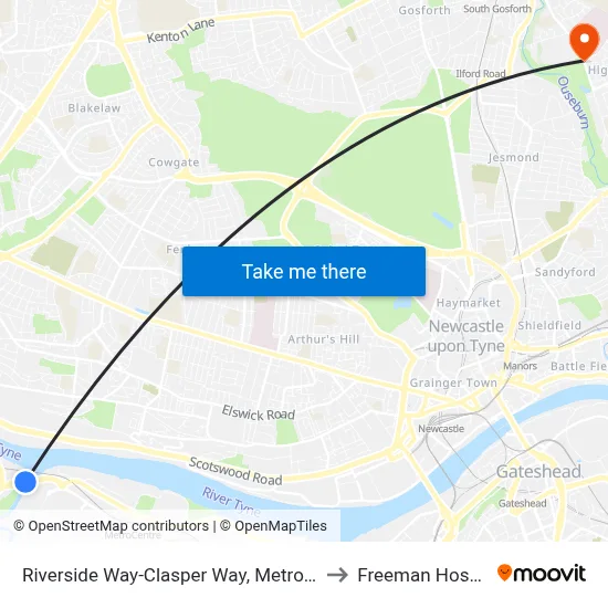 Riverside Way-Clasper Way, Metrocentre to Freeman Hospital map