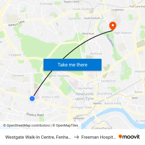 Westgate Walk-In Centre, Fenham to Freeman Hospital map