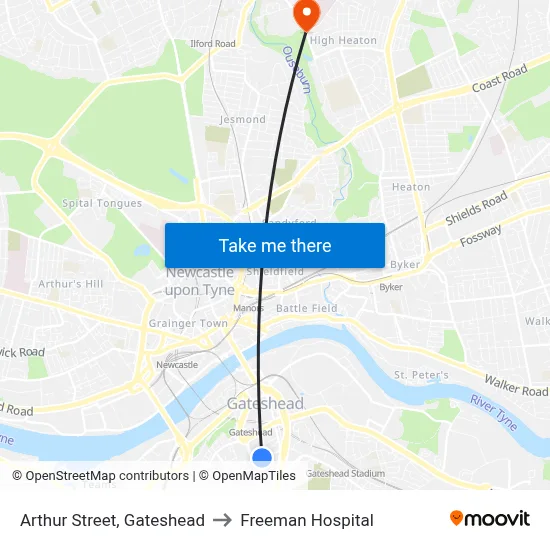 Arthur Street, Gateshead to Freeman Hospital map