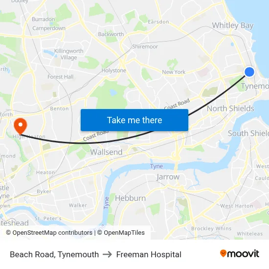 Beach Road, Tynemouth to Freeman Hospital map