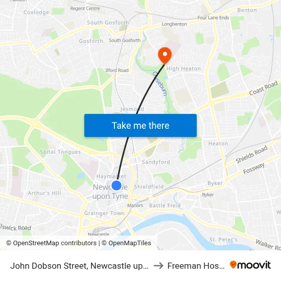 John Dobson Street, Newcastle upon Tyne to Freeman Hospital map