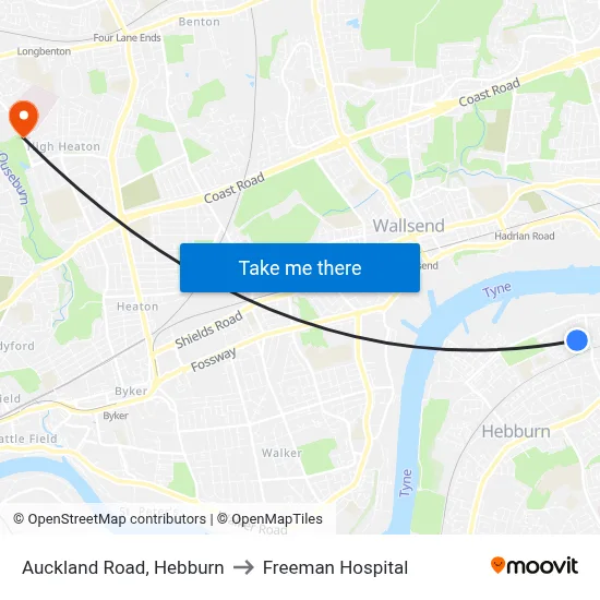 Auckland Road, Hebburn to Freeman Hospital map