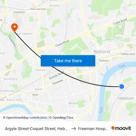 Argyle Street-Coquet Street, Hebburn to Freeman Hospital map