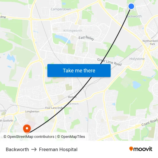 Backworth to Freeman Hospital map