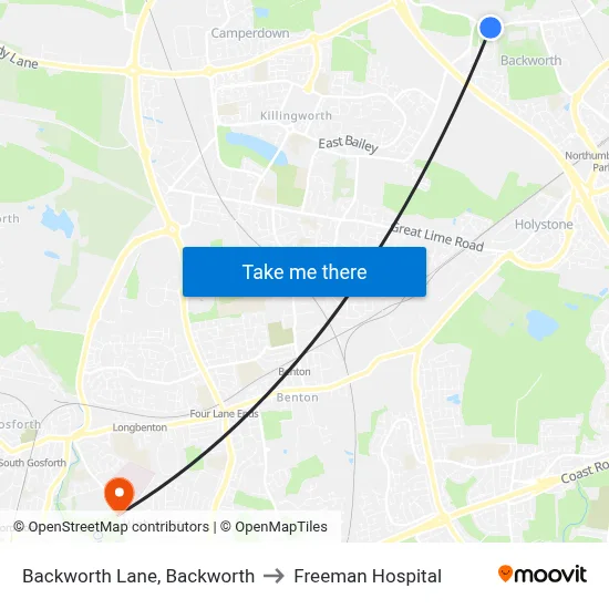 Backworth Lane, Backworth to Freeman Hospital map