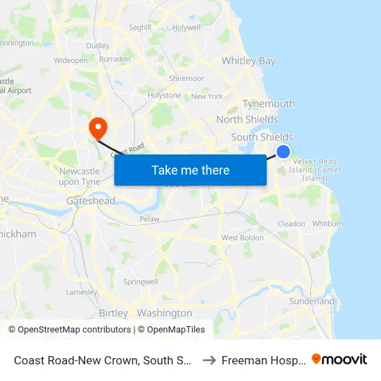 Coast Road-New Crown, South Shields to Freeman Hospital map