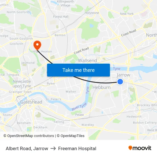 Albert Road, Jarrow to Freeman Hospital map