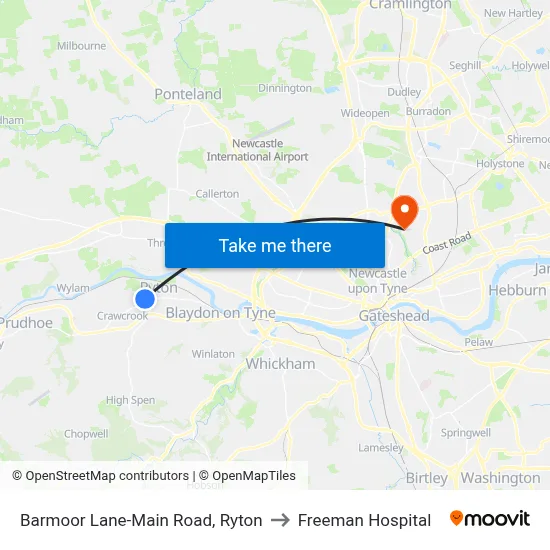 Barmoor Lane-Main Road, Ryton to Freeman Hospital map