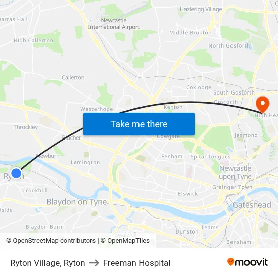 Ryton Village, Ryton to Freeman Hospital map