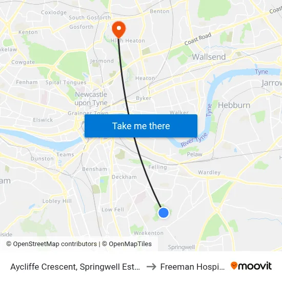 Aycliffe Crescent, Springwell Estate to Freeman Hospital map
