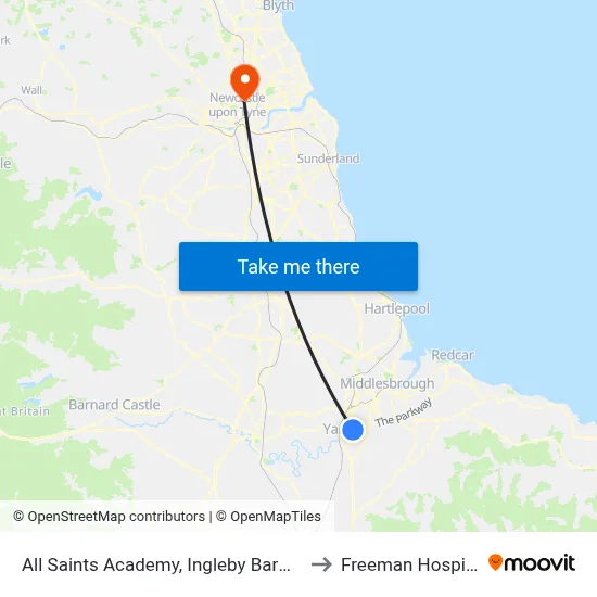 All Saints Academy, Ingleby Barwick to Freeman Hospital map