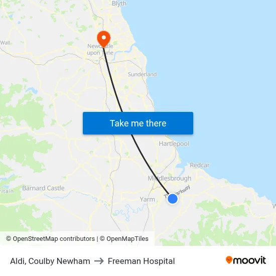 Aldi, Coulby Newham to Freeman Hospital map