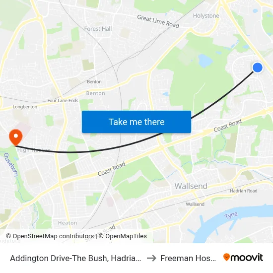 Addington Drive-The Bush, Hadrian Park to Freeman Hospital map