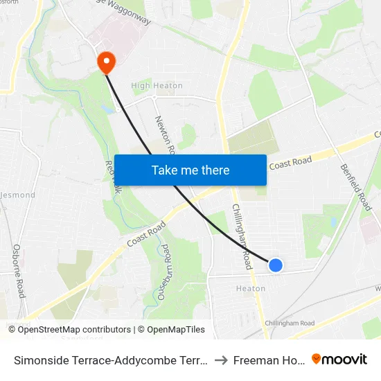 Simonside Terrace-Addycombe Terrace, Heaton to Freeman Hospital map