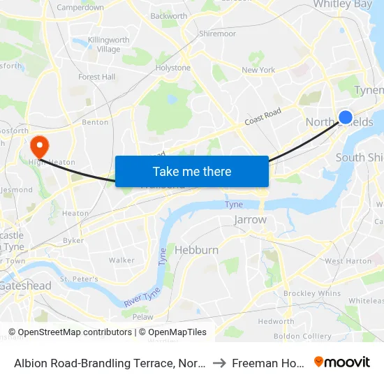 Albion Road-Brandling Terrace, North Shields to Freeman Hospital map