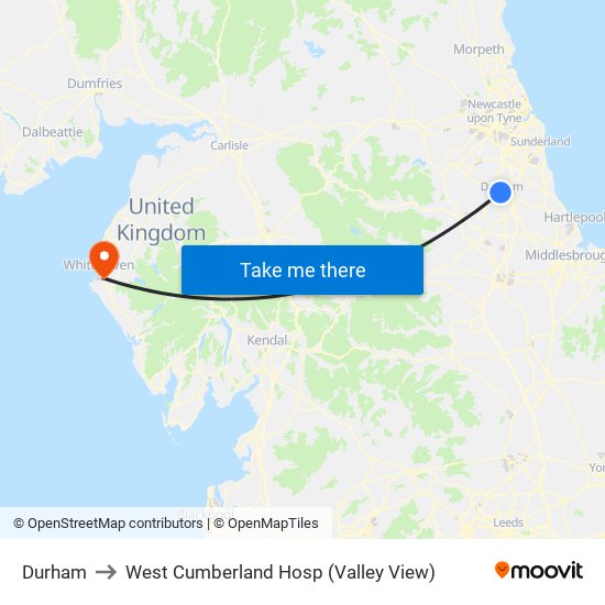 Durham to West Cumberland Hosp (Valley View) map