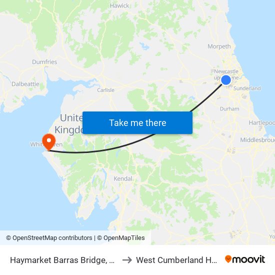 Haymarket Barras Bridge, Newcastle upon Tyne to West Cumberland Hosp (Valley View) map