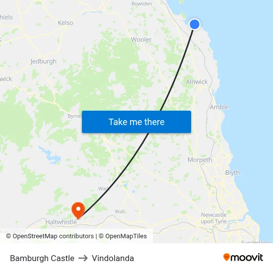 Bamburgh Castle to Vindolanda map