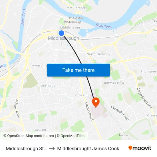 Middlesbrough Station to Middlesbrought James Cook Hospital map