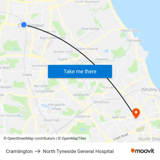 Cramlington to North Tyneside General Hospital map