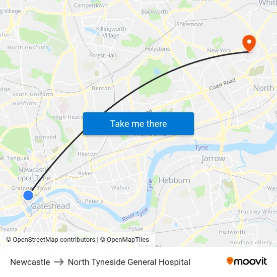 Newcastle to North Tyneside General Hospital map