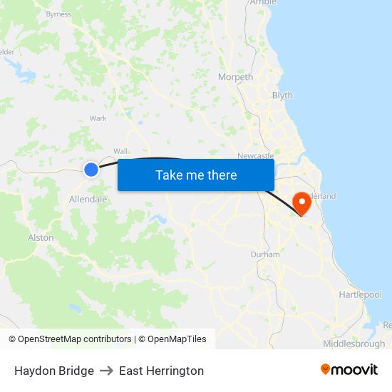 Haydon Bridge to East Herrington map