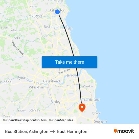 Bus Station, Ashington to East Herrington map