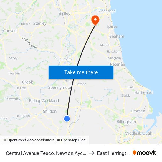 Central Avenue Tesco, Newton Aycliffe to East Herrington map