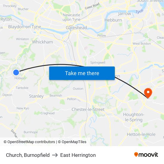 Church, Burnopfield to East Herrington map