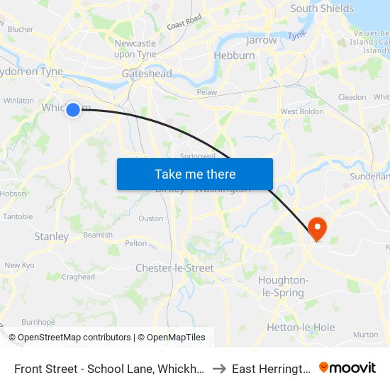 Front Street - School Lane, Whickham to East Herrington map