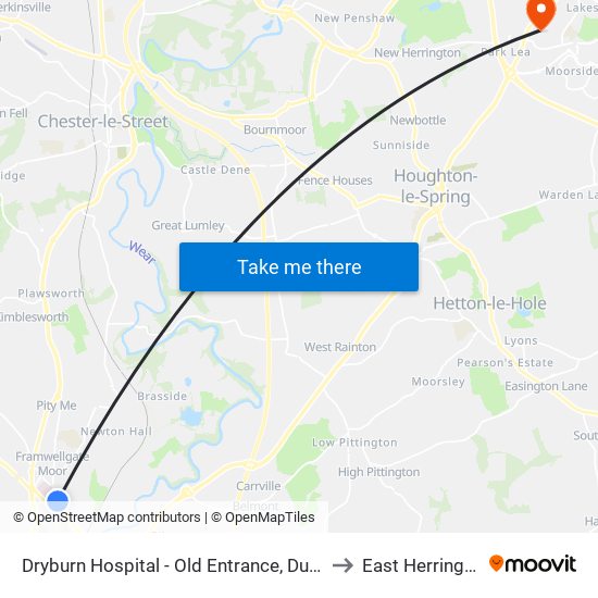 Dryburn Hospital - Old Entrance, Durham to East Herrington map