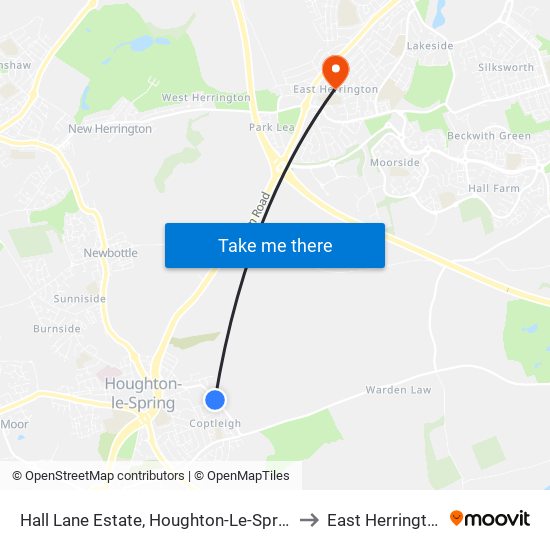 Hall Lane Estate, Houghton-Le-Spring to East Herrington map