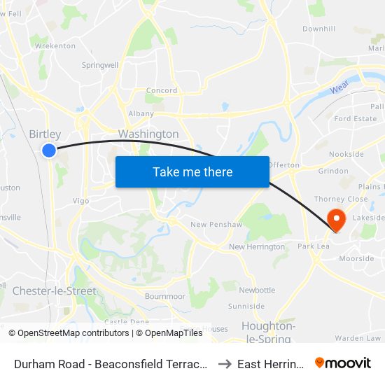 Durham Road - Beaconsfield Terrace, Birtley to East Herrington map