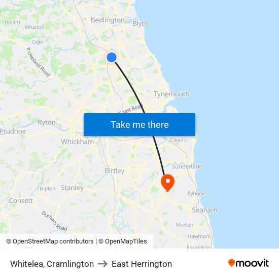 Whitelea, Cramlington to East Herrington map
