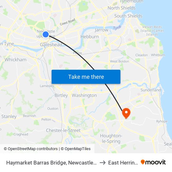 Haymarket Barras Bridge, Newcastle upon Tyne to East Herrington map