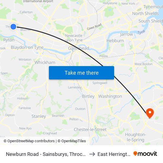 Newburn Road - Sainsburys, Throckley to East Herrington map