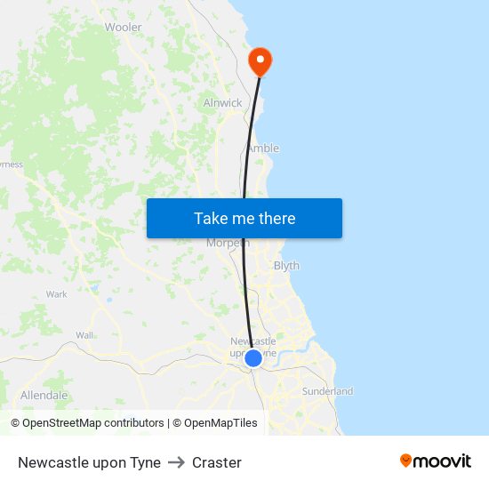 Newcastle upon Tyne to Craster map