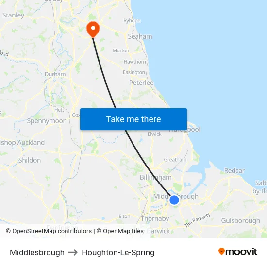 Middlesbrough to Houghton-Le-Spring map