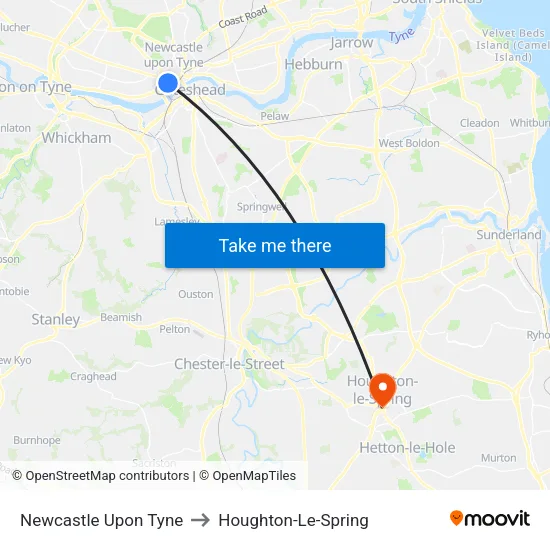 Newcastle Upon Tyne to Houghton-Le-Spring map