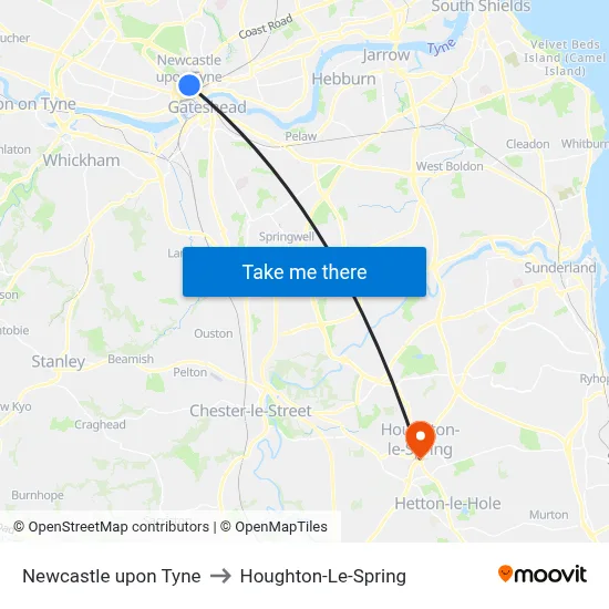 Newcastle upon Tyne to Houghton-Le-Spring map