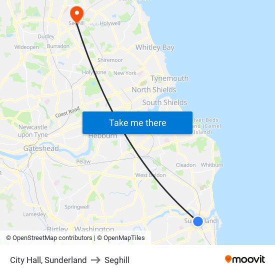 City Hall, Sunderland to Seghill map