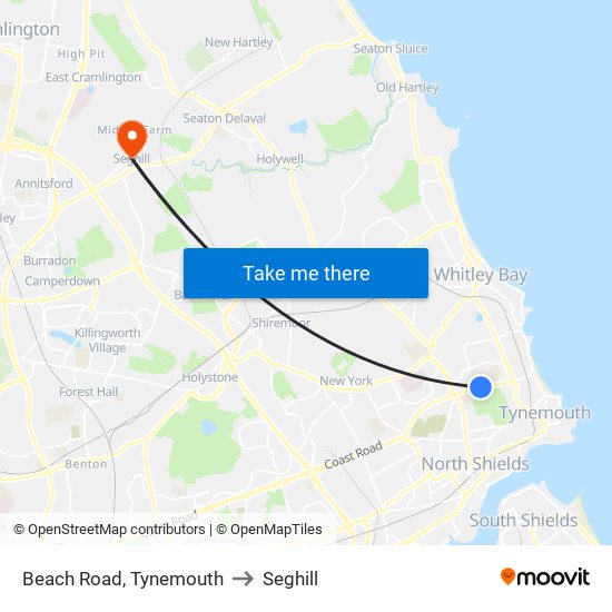 Beach Road, Tynemouth to Seghill map