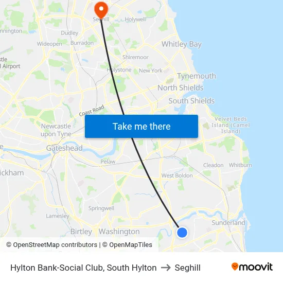 Hylton Bank-Social Club, South Hylton to Seghill map