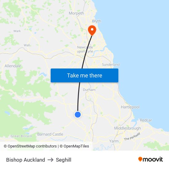 Bishop Auckland to Seghill map