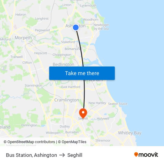 Bus Station, Ashington to Seghill map
