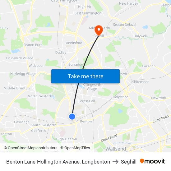 Benton Lane-Hollington Avenue, Longbenton to Seghill map