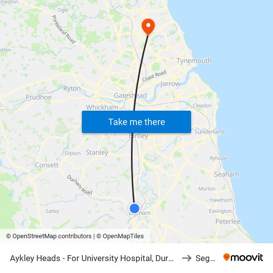 Aykley Heads - For University Hospital, Durham to Seghill map