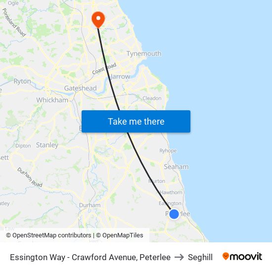 Essington Way - Crawford Avenue, Peterlee to Seghill map