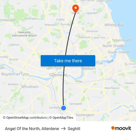 Angel Of the North, Allerdene to Seghill map